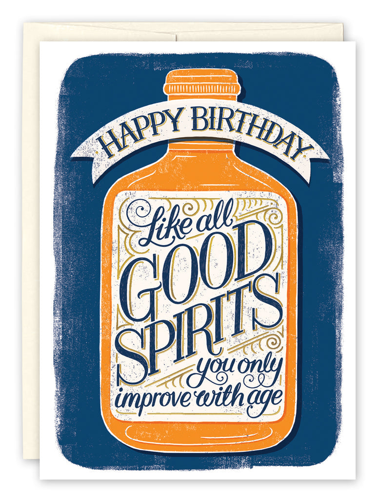 front of card is white with a royal blue center and an orange bottle with blue text listed in the description with a white envelope on a white background