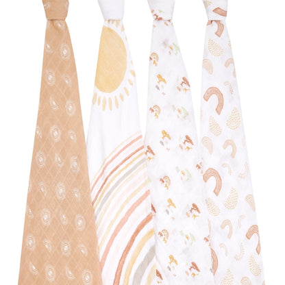 four keep rising cotton muslin swaddles hanging on a white background