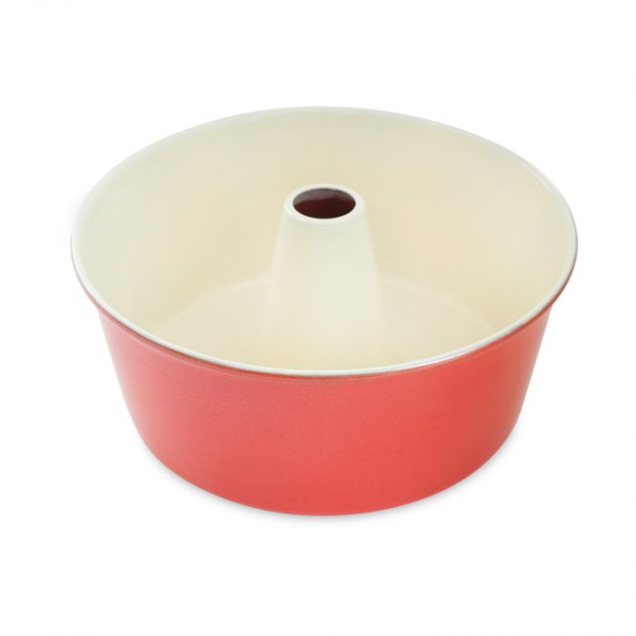 angel food pan with cream interior and red exterior.