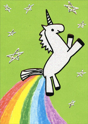 front of card is green with a drawing of a unicorn farting a rainbow