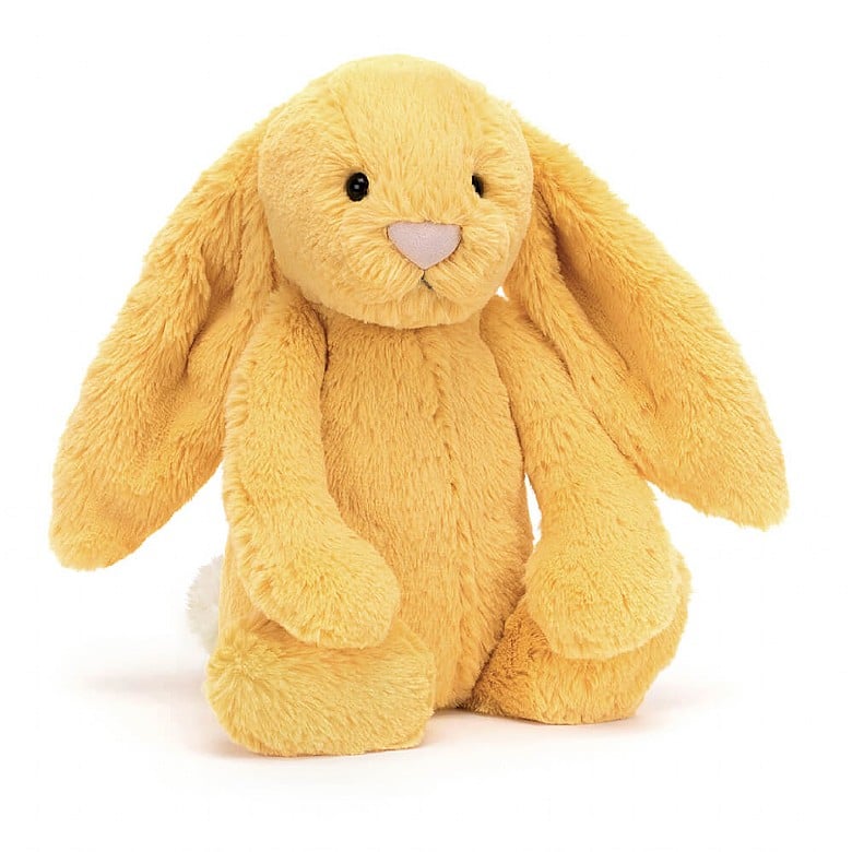 sunshine bashful bunny plush toy is the color of honey with a pink nose displayed against a white background