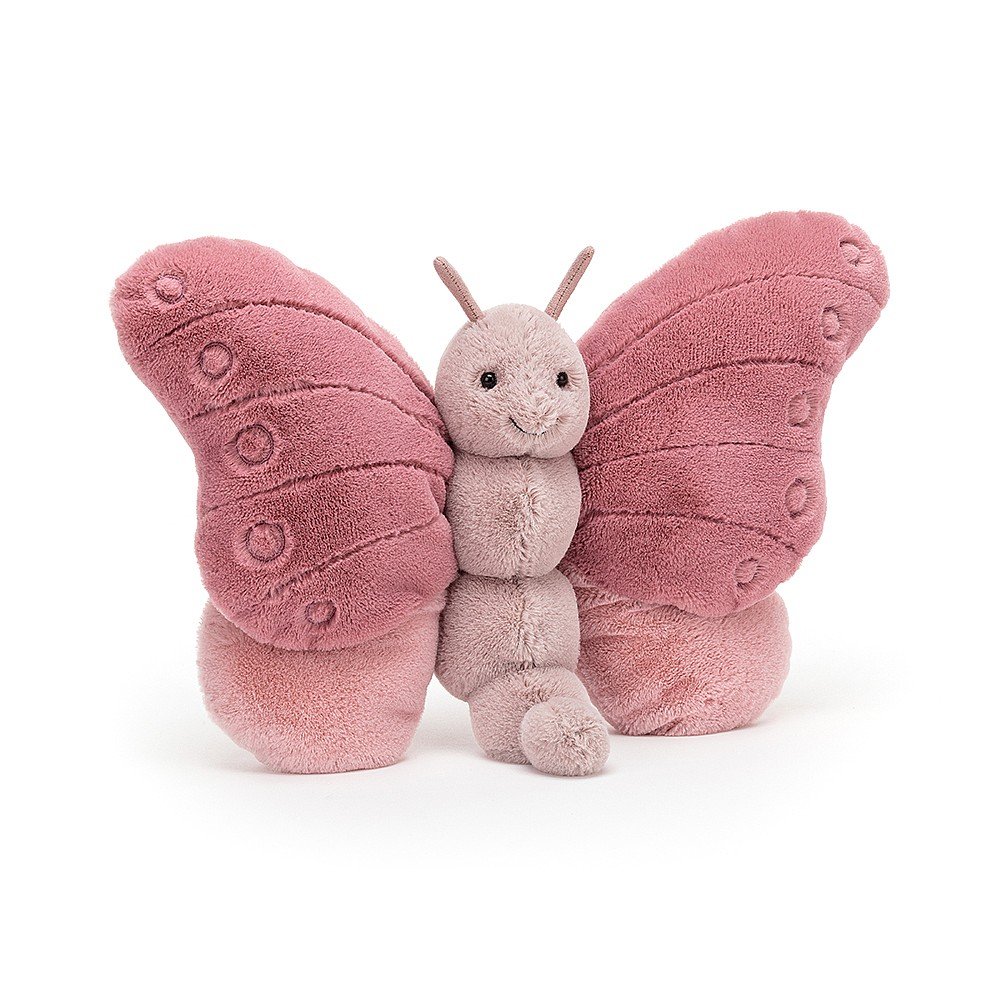 front view of beatrice butterfly plush toy on a white background