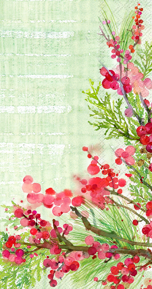 light green rectangular napkin with greenery and red berries along the bottom and side.