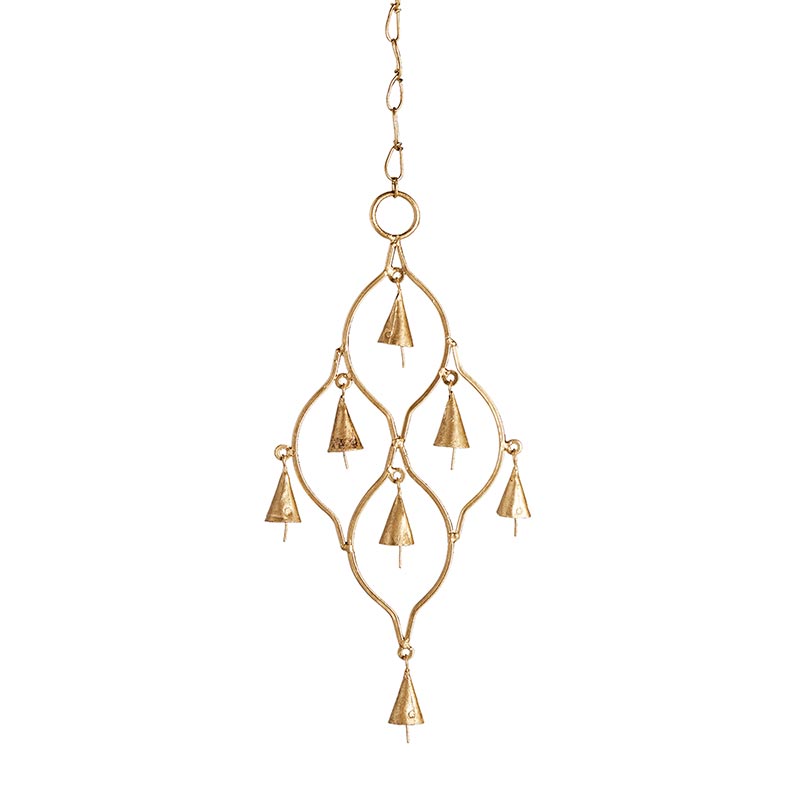 gold metal frame with 7 small gold bells hanging in it hung by a gold chain.