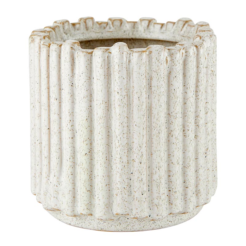 creamy white glazed planter with a speckled finish and column design.
