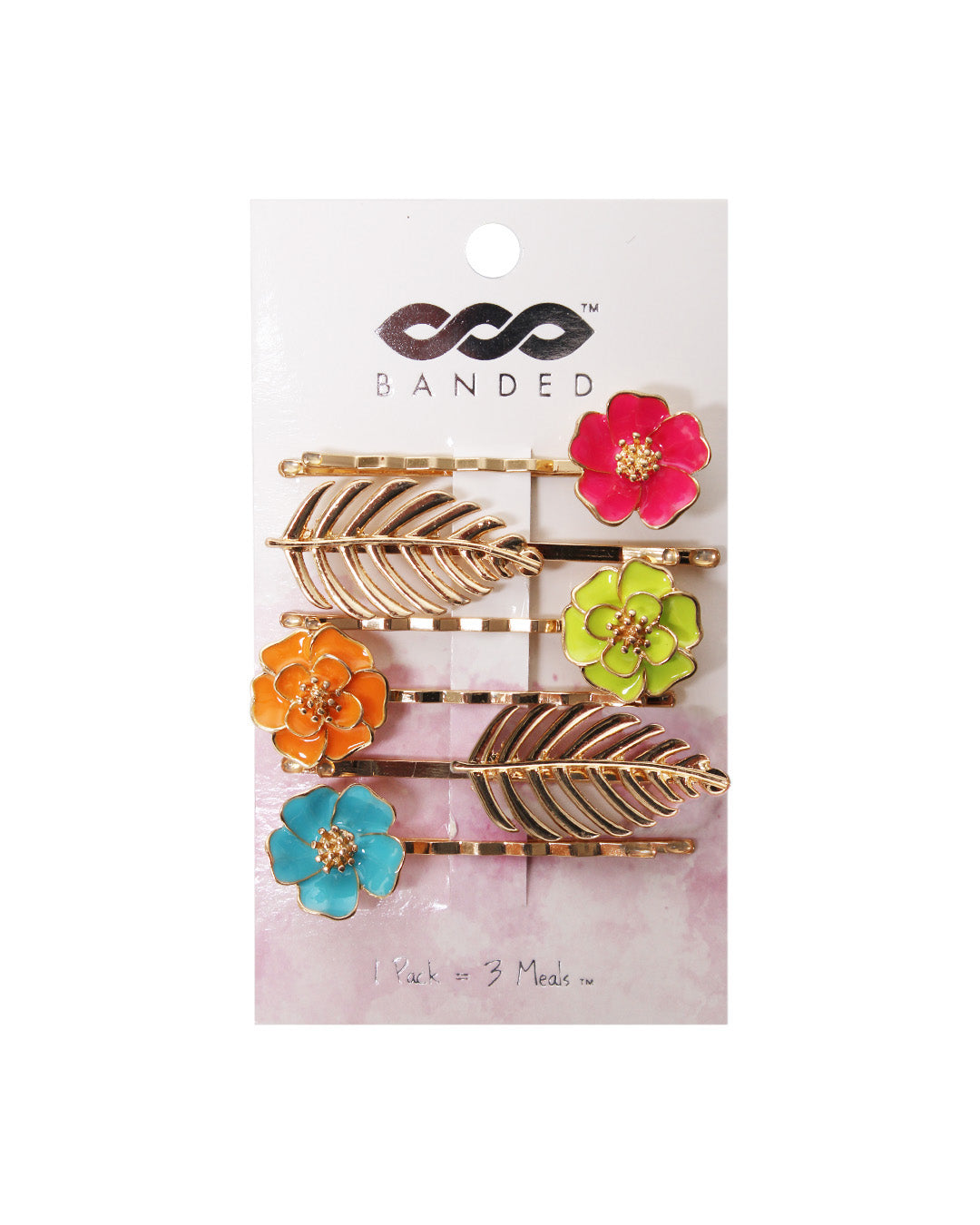 all 5 palm palms floral enamel bobby pins on the hanging card displayed on a white background