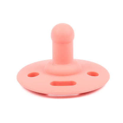 pink little lady bubbi pacifier facing up right on a white background