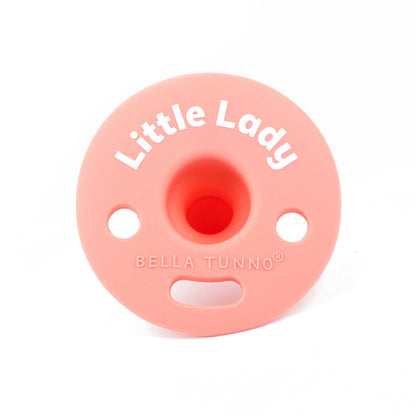 back view of the pink little lady bubbi pacifier on a white background