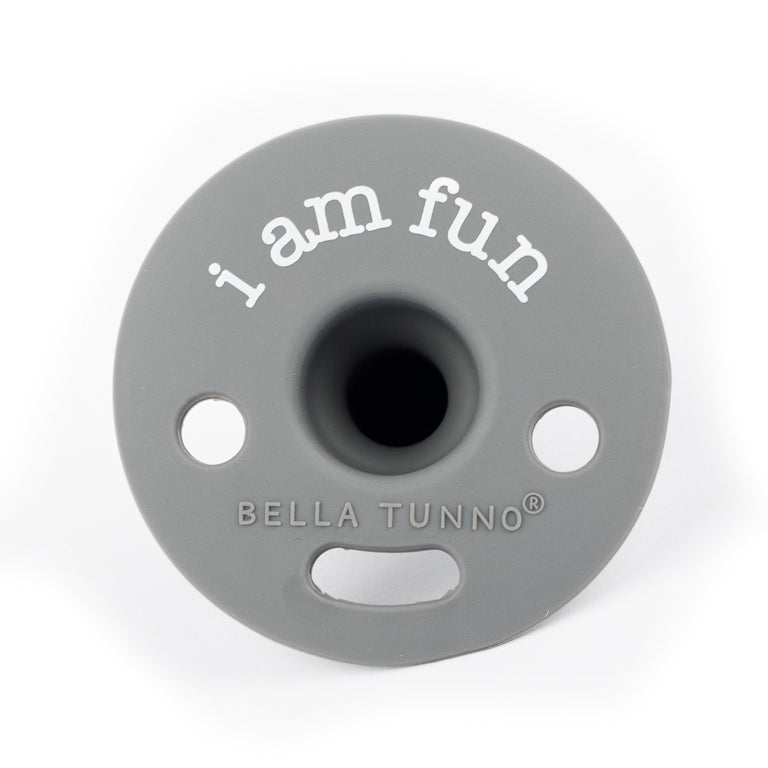back view of the gray i am fun bubbi pacifier on a white background