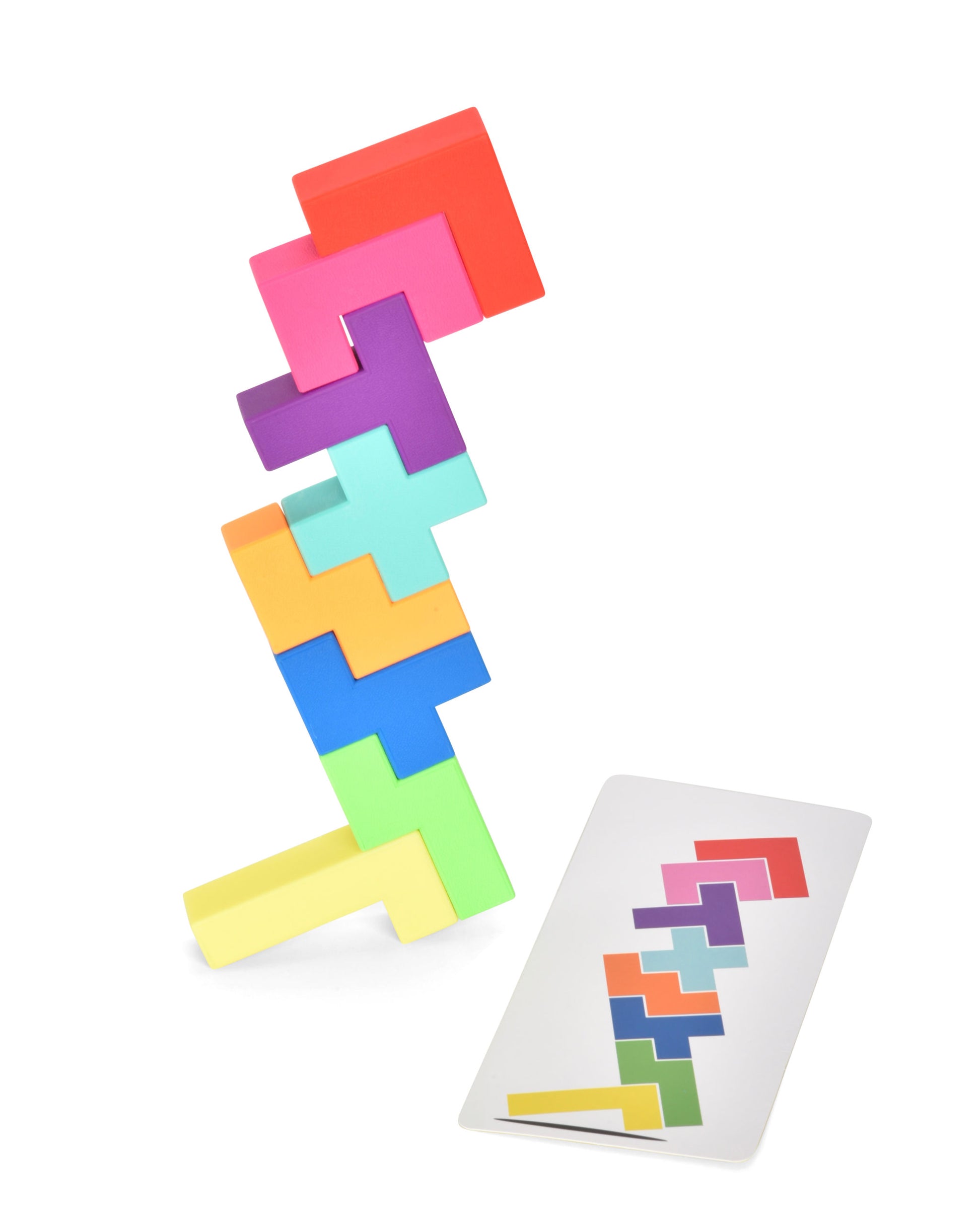 stack of blocks and a card on white background.