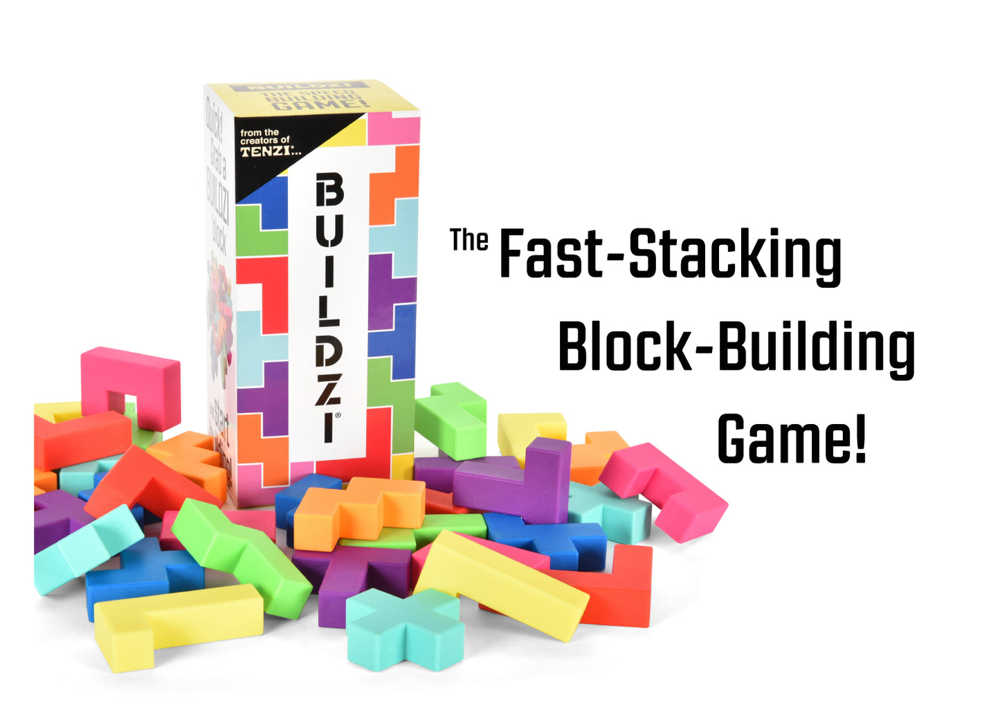 colorful blocks and block box on white background with the words "the fast-stacking block-building game" to the side.
