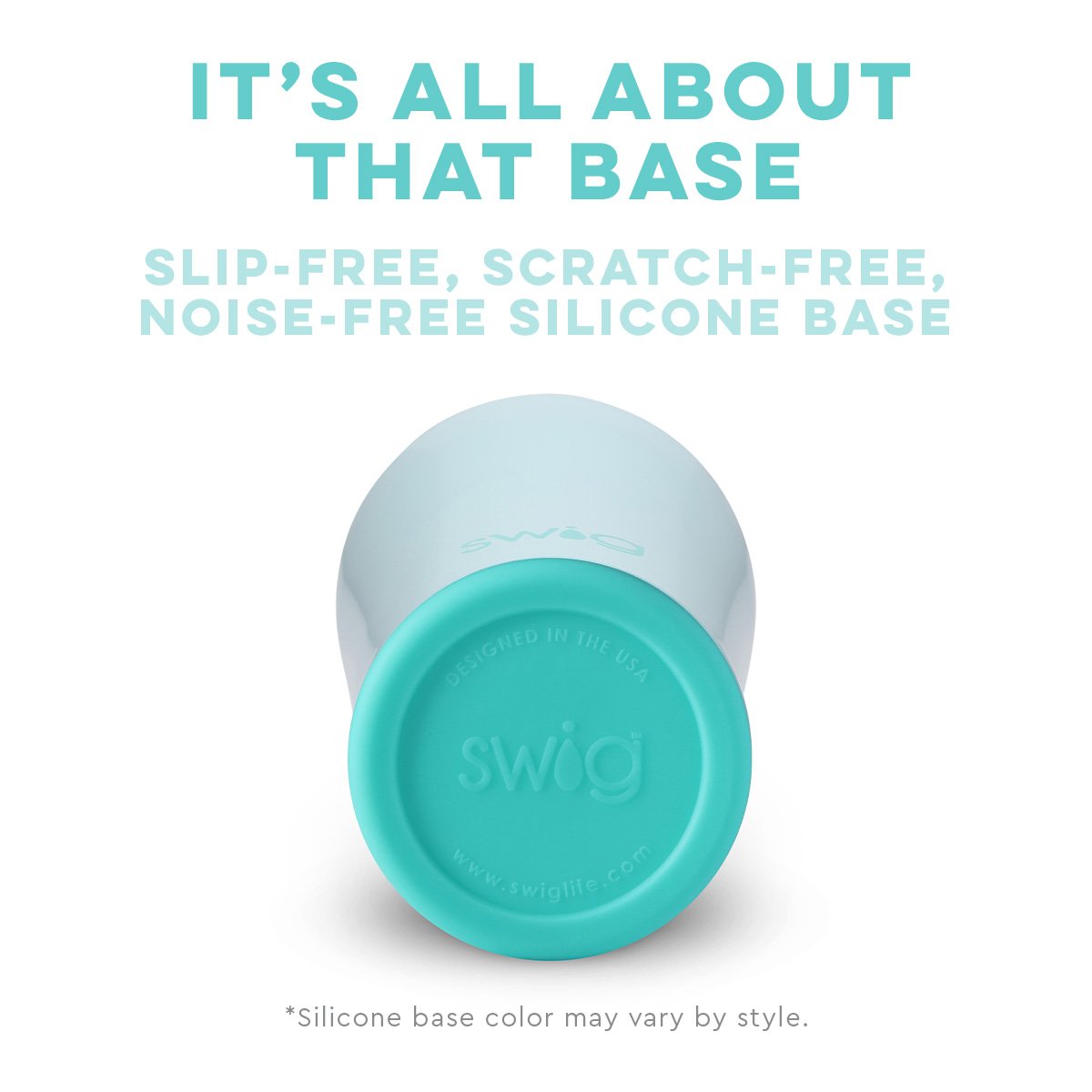 bottom of tumbler showing slip free scratch free noise free silicone base on white background