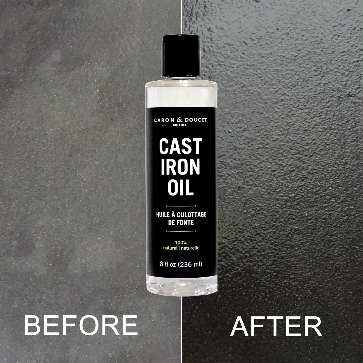 the cast iron seasoning oil illustrating the before and after use 