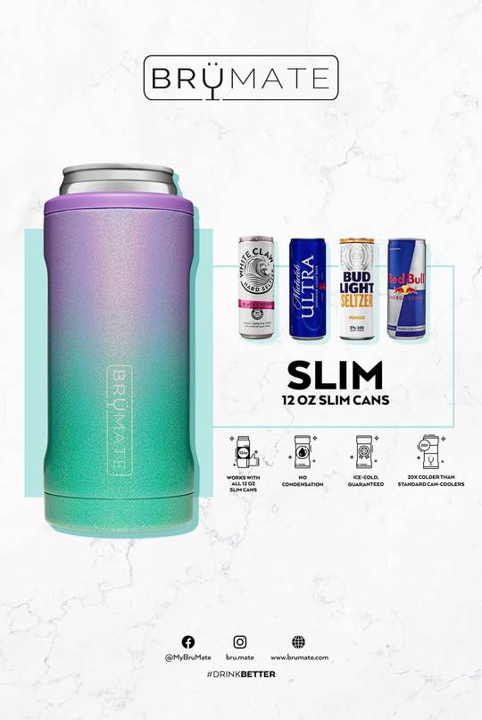 hopsulator slim can cooler illustrating its compatible with multiple 12 ounce slim cans on a white background