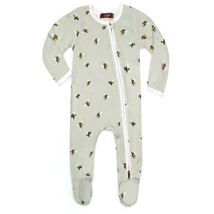 bumblebee bamboo footed romper is gray with bees all over displayed on a white background