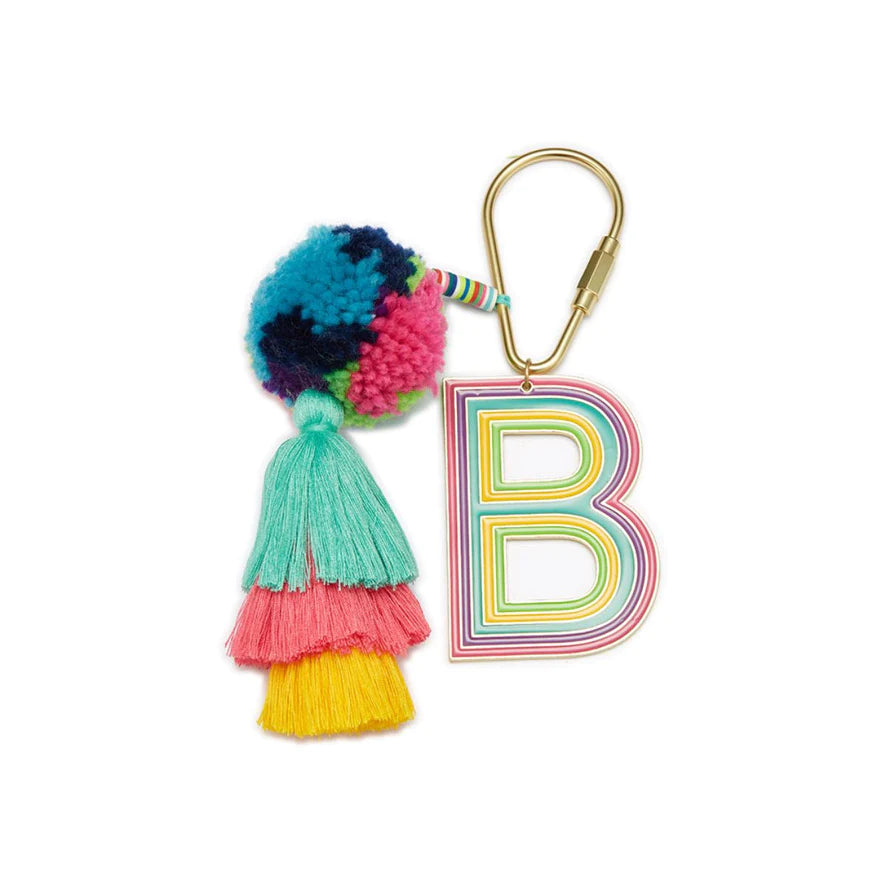 "b" tagged for me keychain on a white background