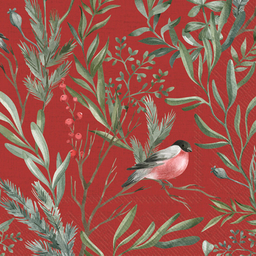 red napkin with all-over design of winter botanicals and a small red, white, and black bird perched on a branch.