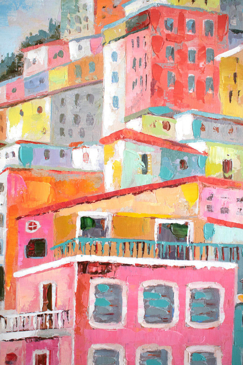 close up view of the colorful houses oil painting