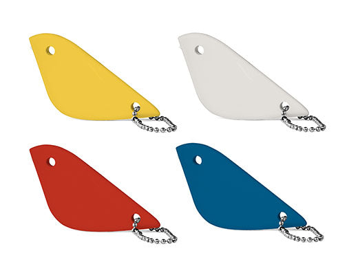 four different color birdy box cutters on a white background