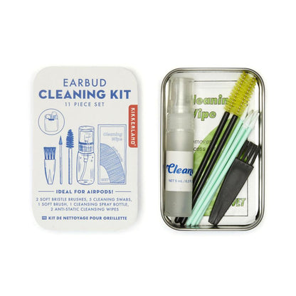 earbud cleaning kit and tin container on a white background