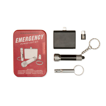 the emergency power out kit displayed open on a white surface next to the tin case