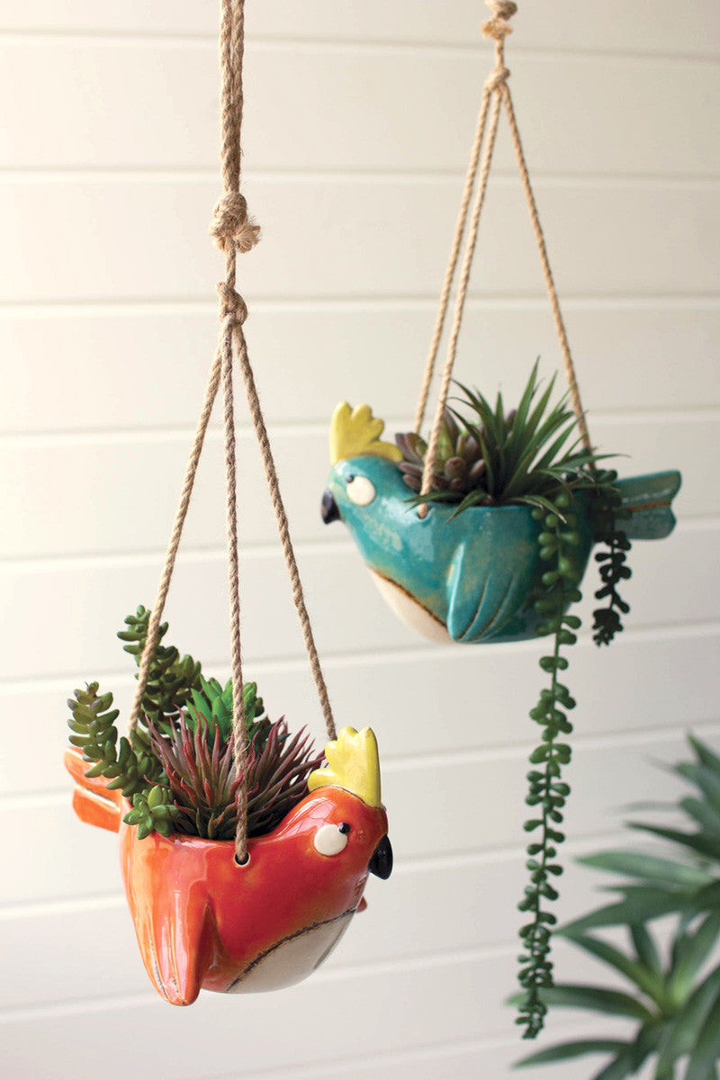 both colors of ceramic bird hanging planters filled with succulents and displayed hanging against a white wood slat wall