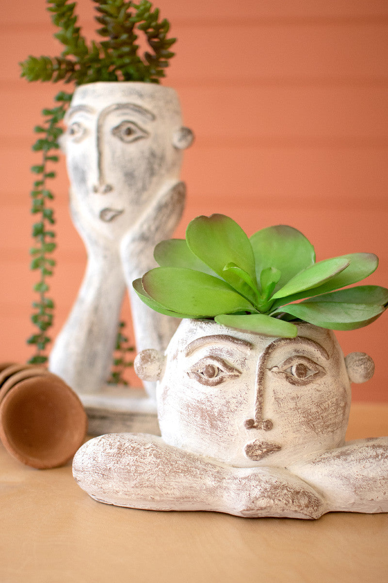 short ceramic face planter filled with a large leaf succulent with the tall in the background
