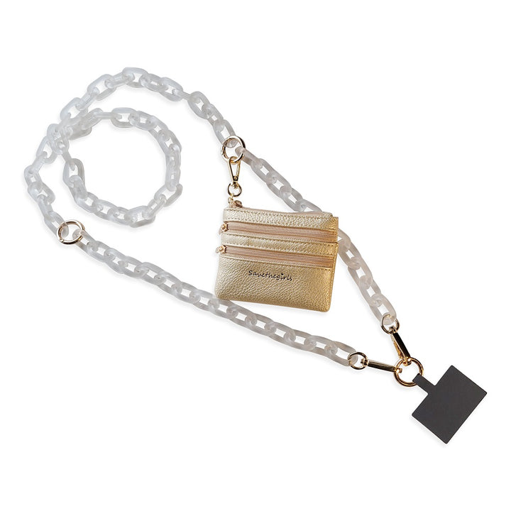 white with gold wallet clip and go chain displayed against a white background