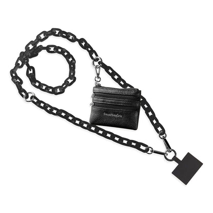 black chain with black wallet shown on a white background.