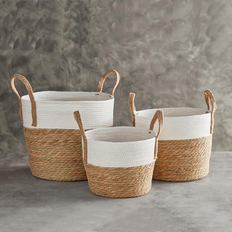 small, medium, and large baskets with handles.