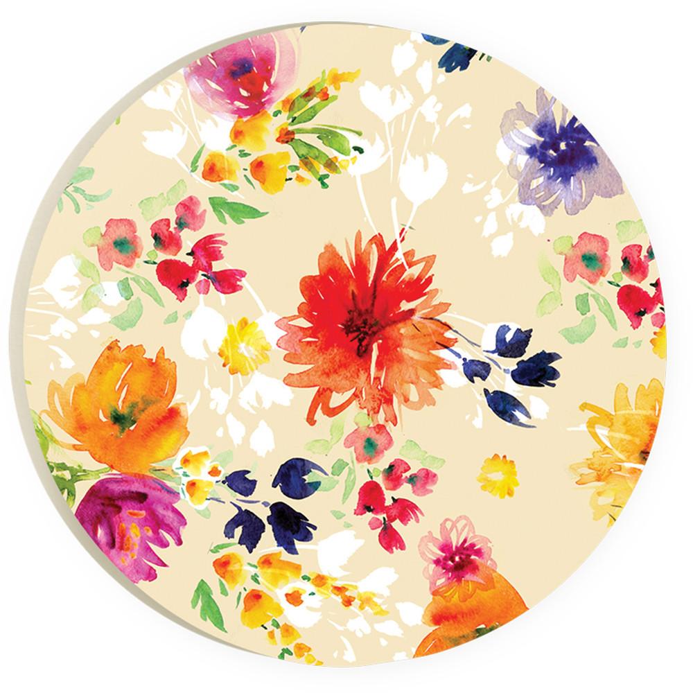 floral car coaster in cream with blue, orange, red, and pink flowers all over and displayed on a white background