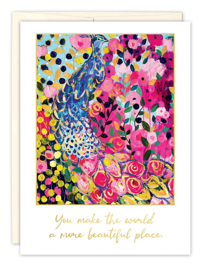 front cover of card has a bright colorful peacock surrounded by bright colorful flowers and gold text listed in the description with a white envelope behind it on a white background