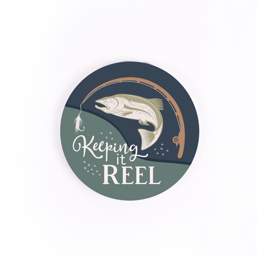 keeping it reel car coaster is blue and teal with a fish and text in white lettering displayed on white background