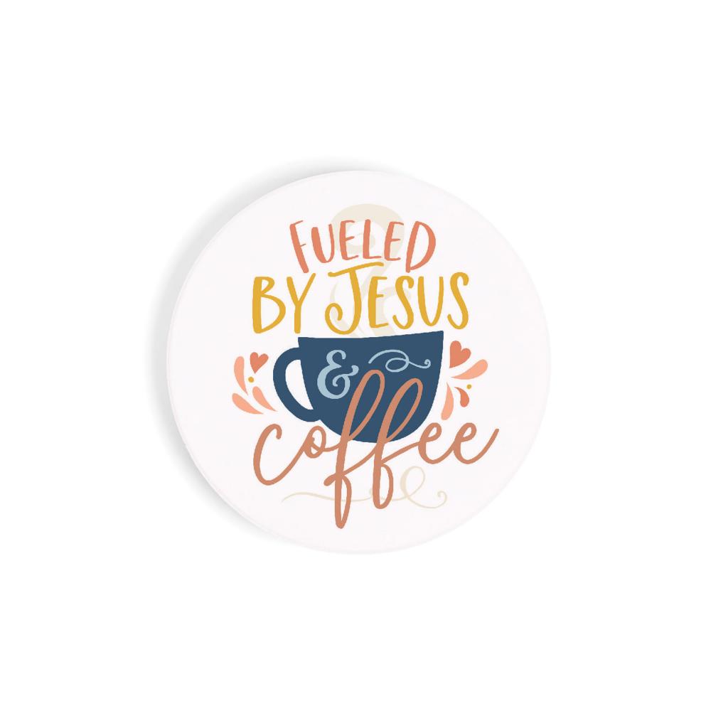 fueled by jesus and coffee car coaster is white with a blue mug and text in pink and gold and displayed on a white background