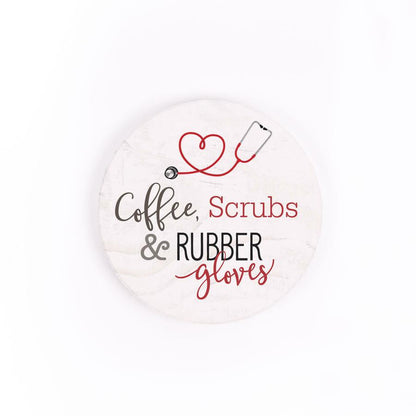 coffee scrubs and rubber gloves car coaster is white with a red stethoscope and text in red and gray on a white background 