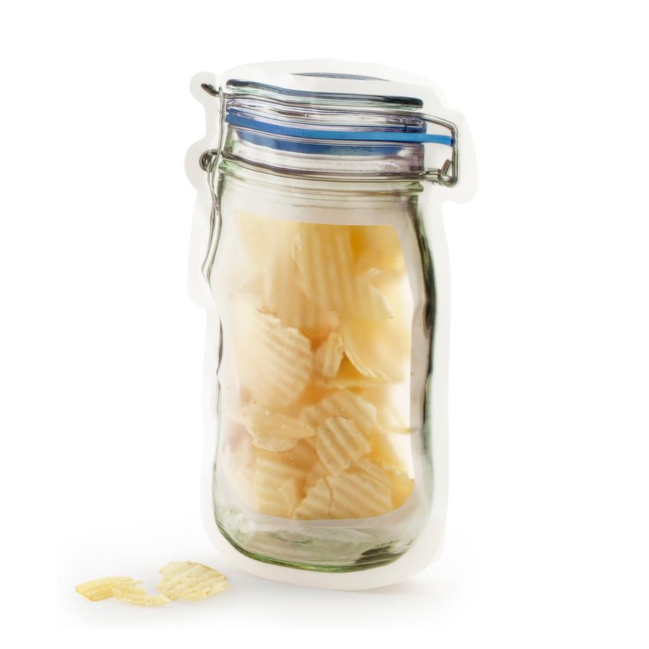 large mason jar zipper bag filled with chips on a white background