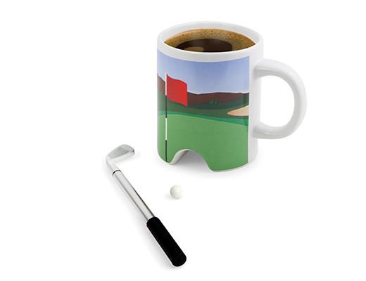 putter cup golf mug and putter filled with coffee on a white background