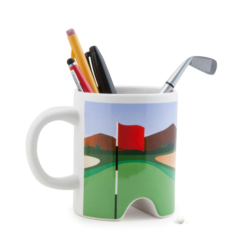 putter cup golf mug with pens and pencils inside on a white background