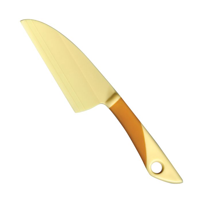 yellow cheese knife with orange handle.