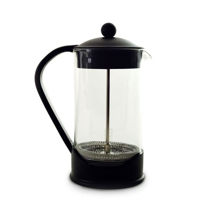 french press with glass body and black lid, base, and handle.