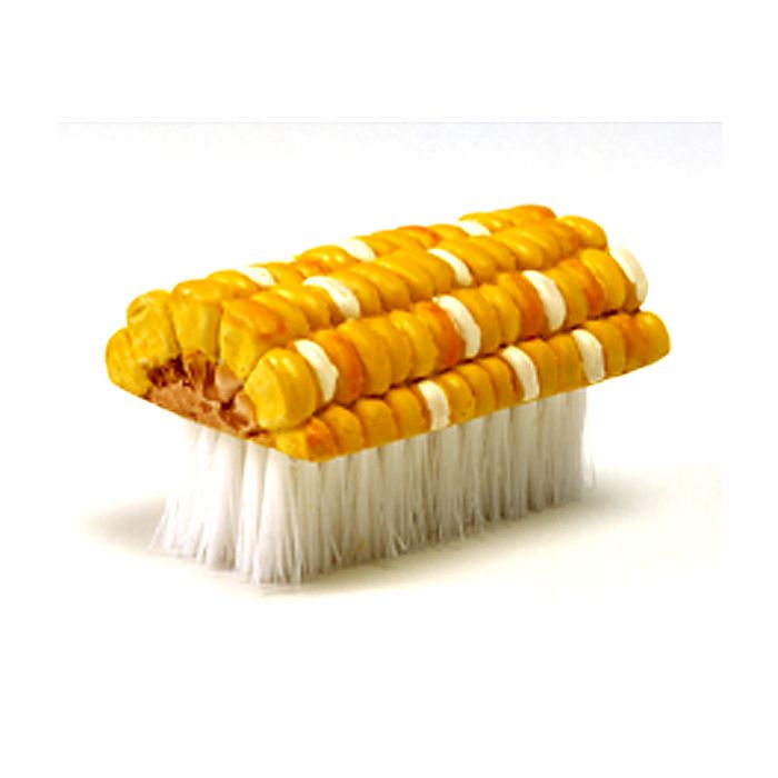 corn cleaning brush with a handle that looks like a cob of corn.
