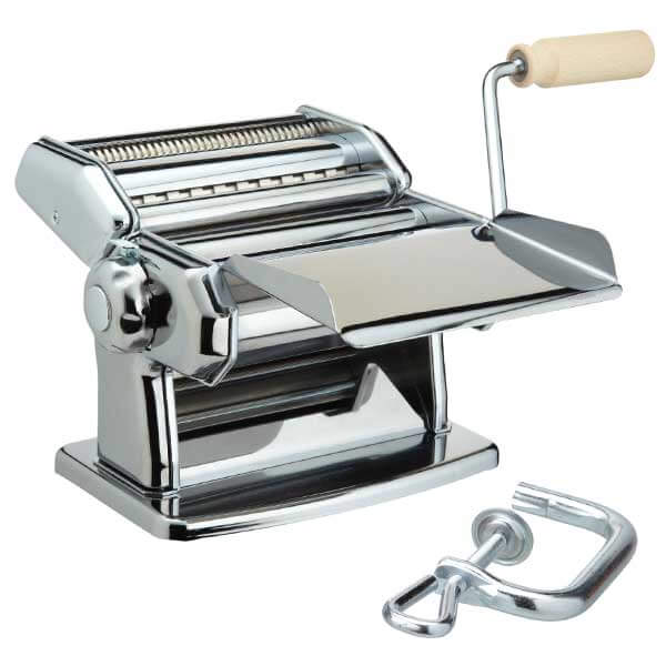 pasta machine displayed with all the pieces on a white background