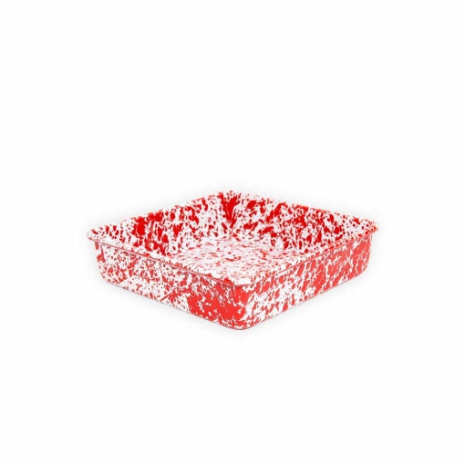 red enamelware splatter square brownie pan displayed on a white background