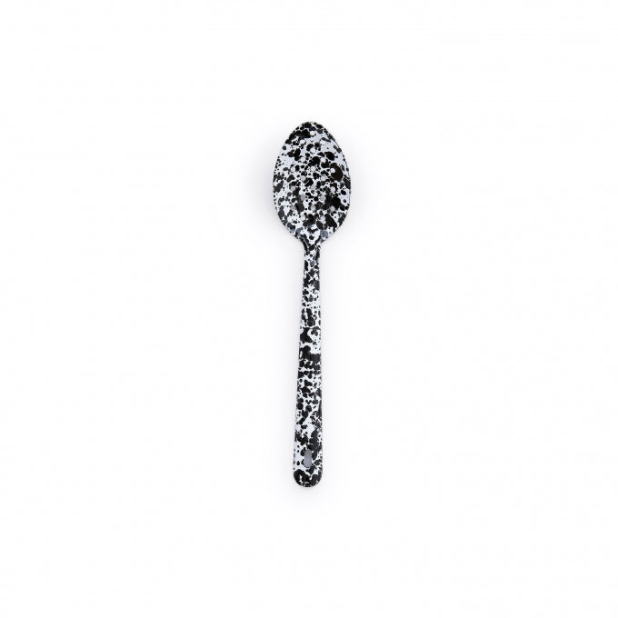 black slotted spoon on a white background