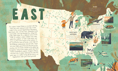 another set of pages has illustration of the united states, creatures found in specific locations, and text
