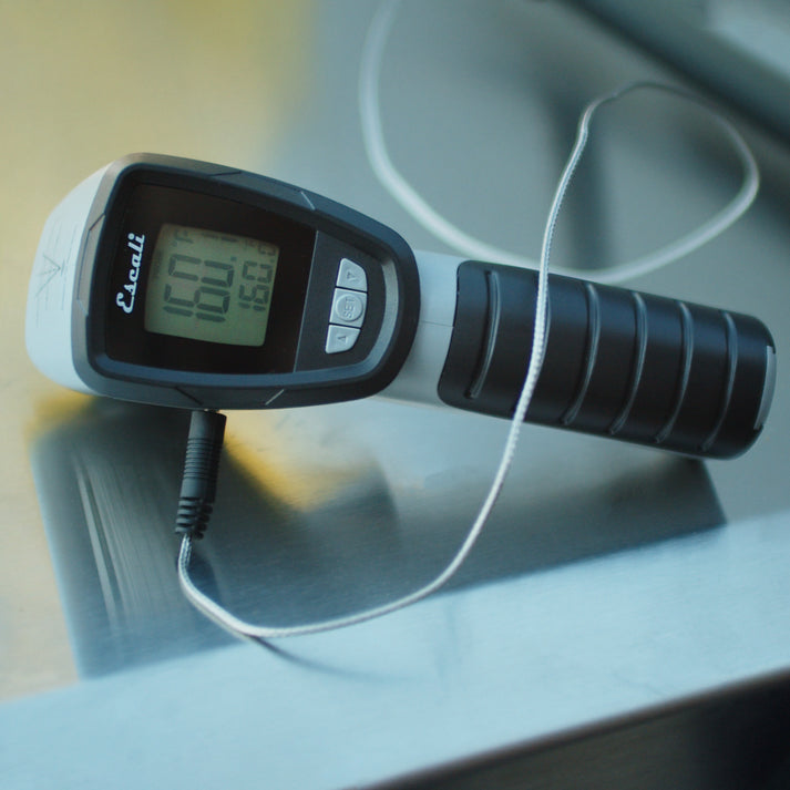 infrared surface and probe thermometer sitting on a metal surface counter with the probe wire connected