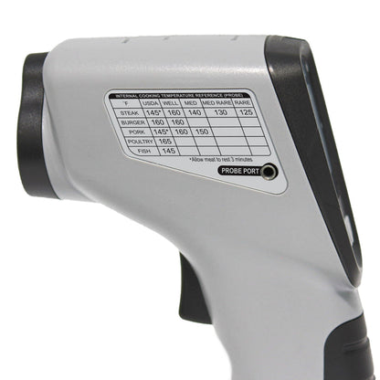 side view of the infrared surface and probe thermometer showing the temp chart against a white background