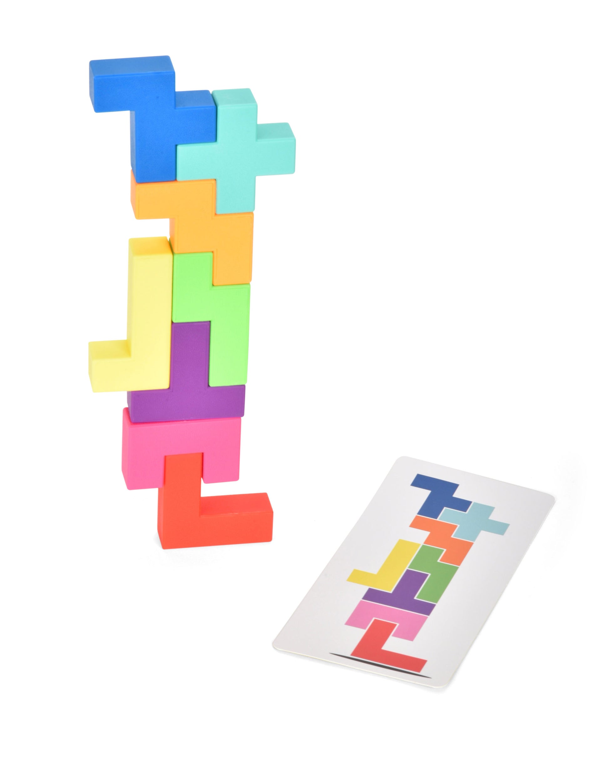 stack of blocks and card on white background.