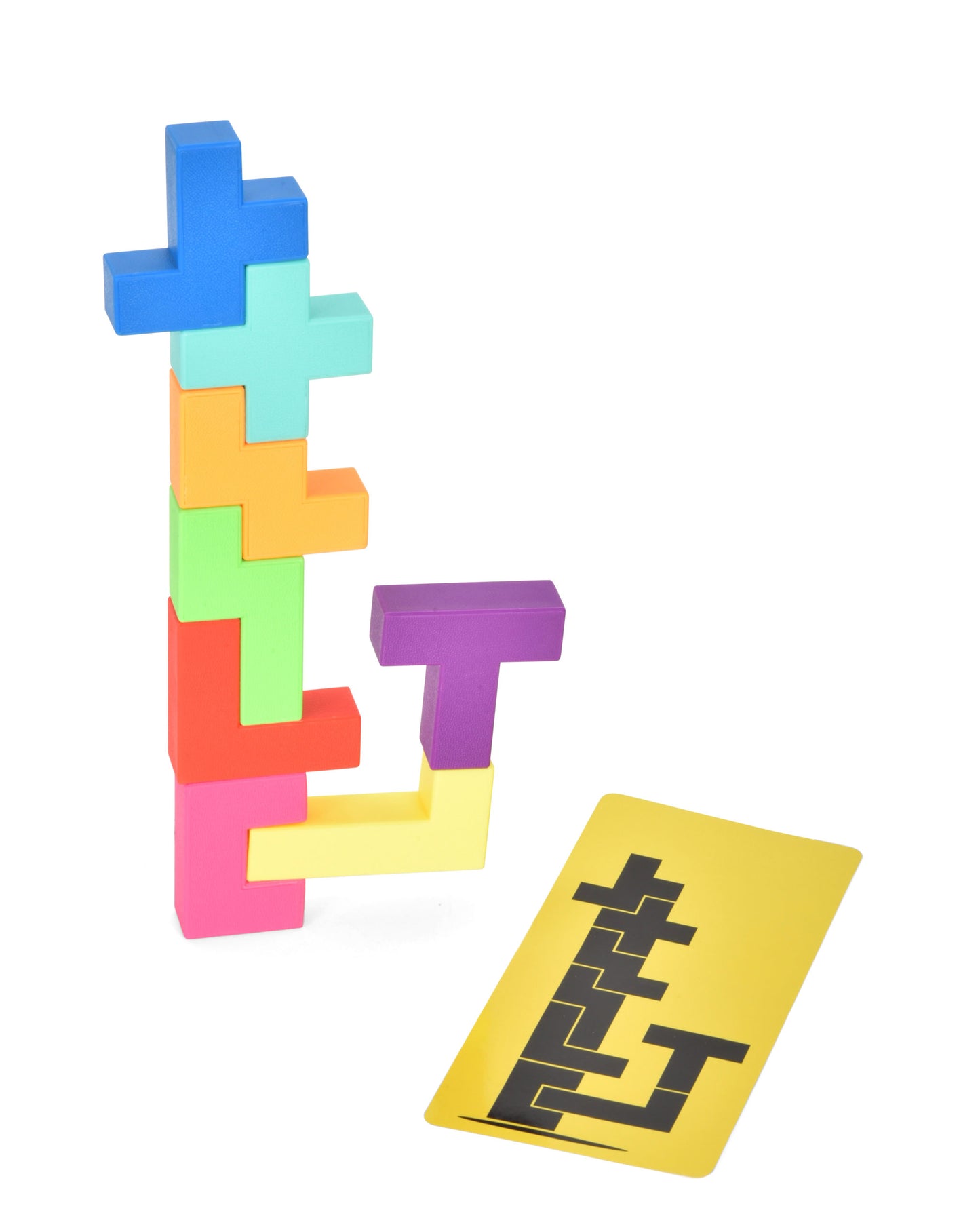stack of blocks and yellow card on white background.