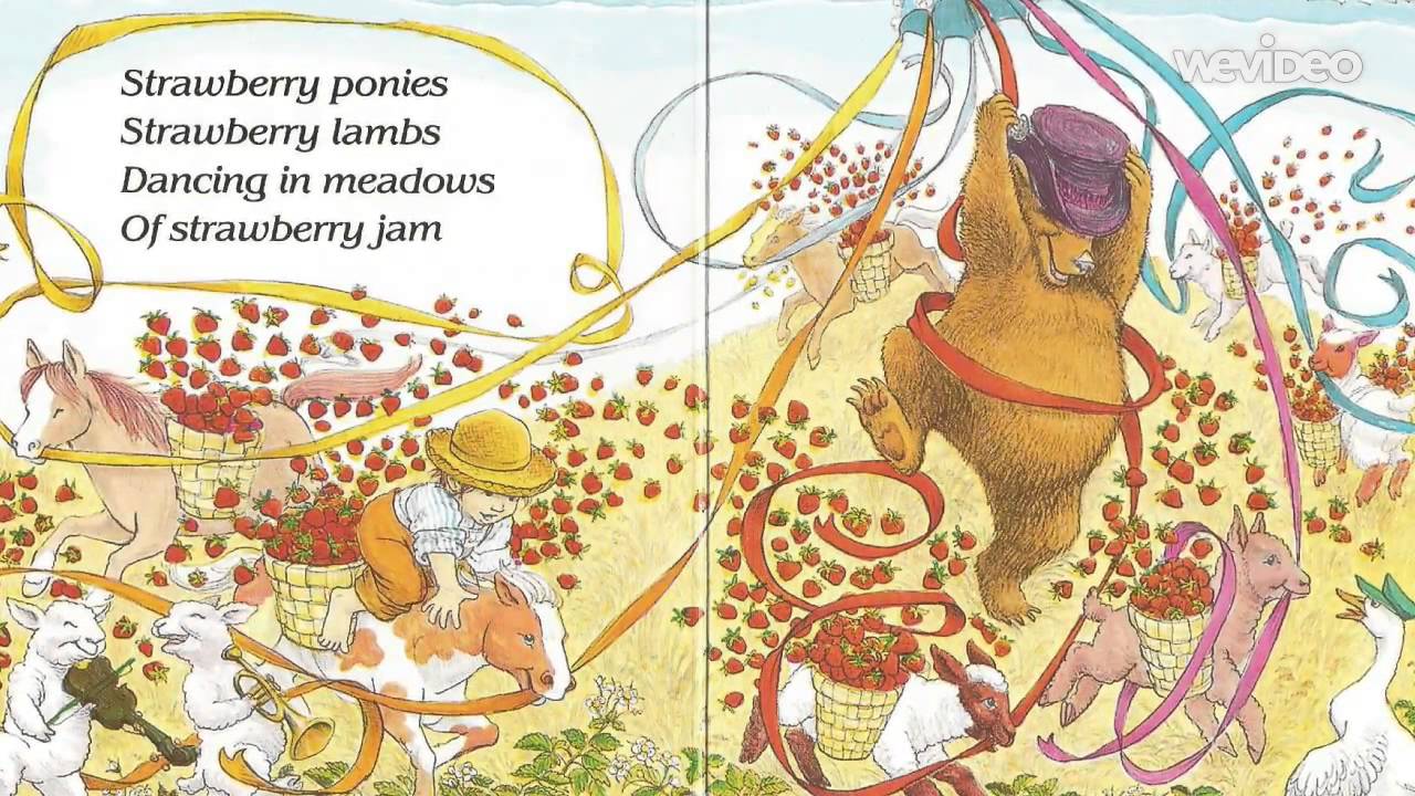 two pages inside with illustrations of a boy riding a pony with a basket of strawberries and a bear dancing